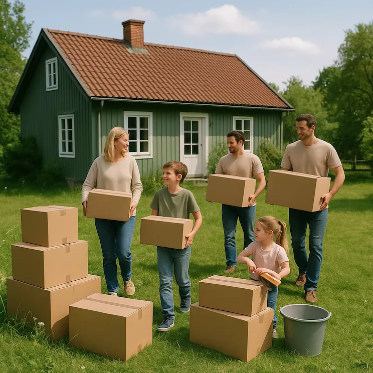 familj flyttar från stad till landsbygd med flyttlådor framför ett hus på landet